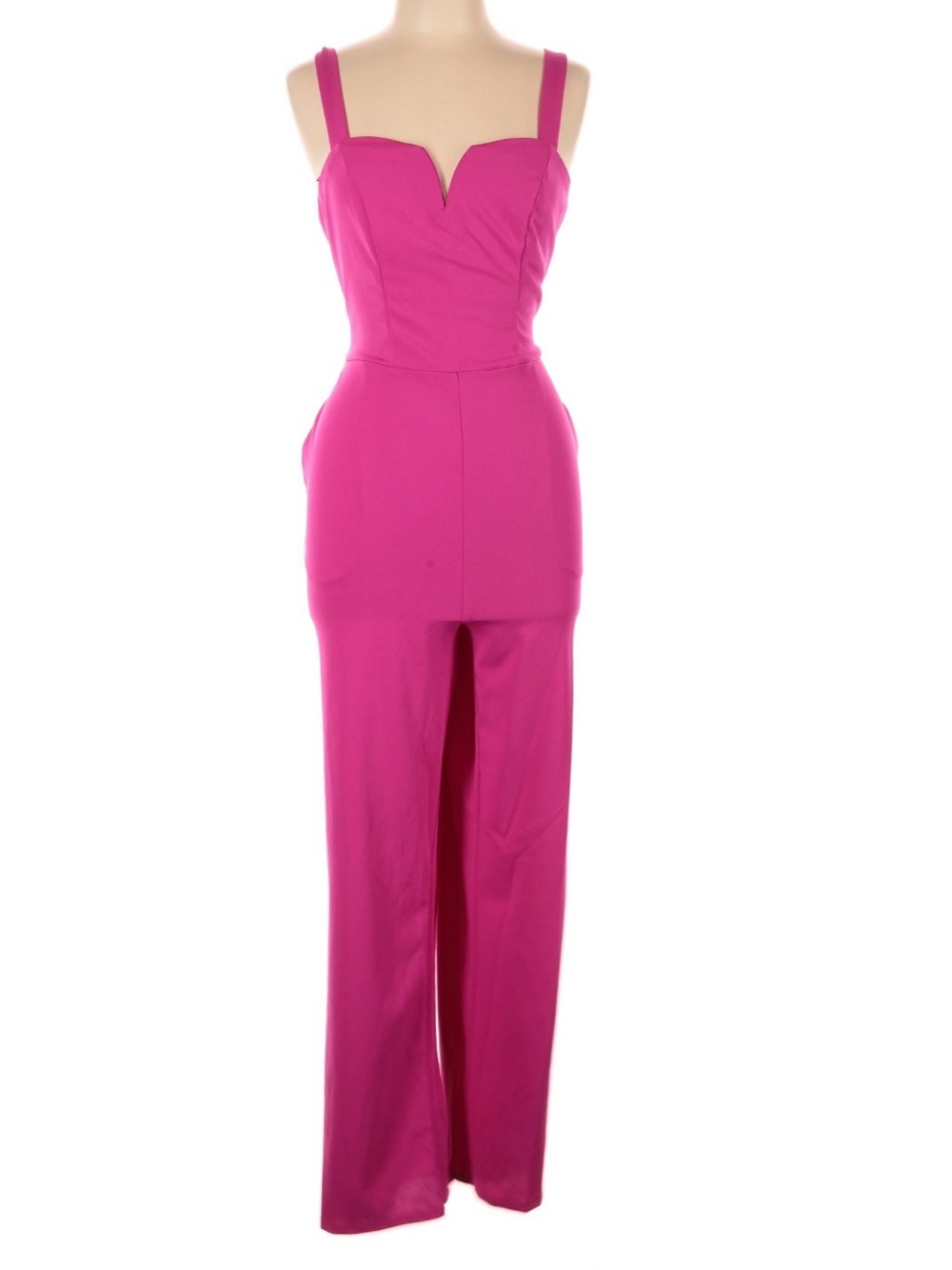Strap Wide-Shoulder Fuchsia Jumpsuit with Sweetheart Notch